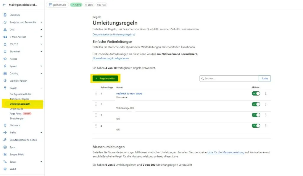Schritt 3: Klappe die Regeln auf, klicke auf "Umleitungsregeln" und füge eine neue Regel hinzu.